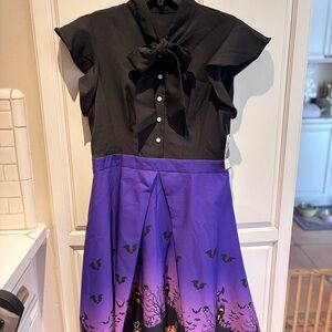 NWT Retro Stage Black and Purple Galloween Dress White buttons & front bow tie